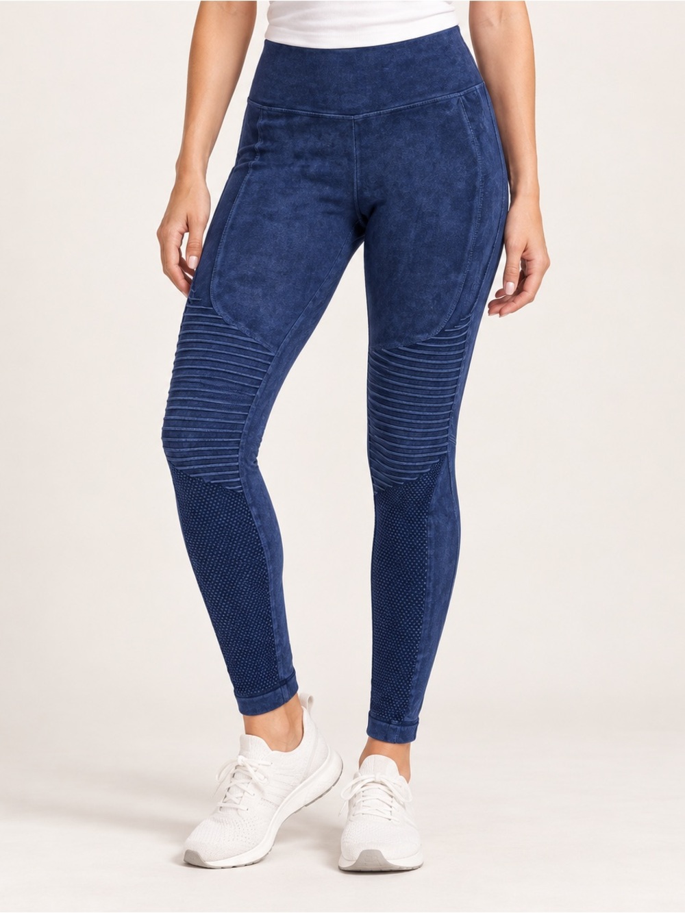 Yelete Navy Blue Textured Moto Leggings
